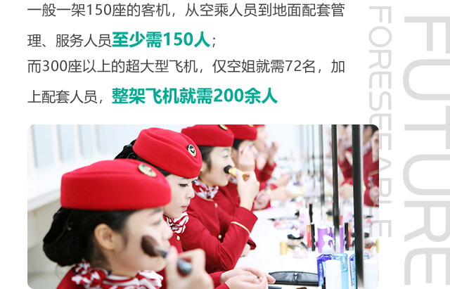 一般一架150座的客机，从空乘人员到地面配套管理、服务人员至少需150人；而300座以上的超大型飞机，仅空姐就需72名，加上配套人员，整架飞机就需200余人